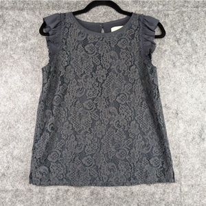 LOFT Ann Taylor Lace Ruffle Flutter Sleeve Grey Tank Top Blouse Shirt Top - M